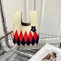 Chic cream knitted tote bag featuring a red and blue argyle base and navy flower appliqué - Beige Argyle Small Flower