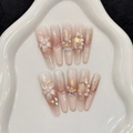 Handgefertigte Coffin-Nägel in Puderrosa mit 3D-Blumen und Schmetterlings-Pailletten - XS / Spitzer Stiletto-Stil(555-细狗尖)