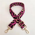Close-up of adjustable leopard print nylon bag strap with polished gold-tone metal hooks - Silver Clasp / Rose Red