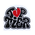 Detailed embroidery of TOP TIER text and a broken red heart on a white knit beanie - White with Black Letters