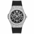 Reloj de cuarzo para mujer con bisel de pedrería plateada y correa de silicona negra - Plateado