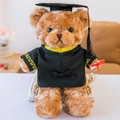 Adorable plush graduation teddy bear wearing a black bachelor gown and mortarboard - Brown Braided Graduation Bear - Yellow Collar / 30 cm