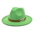Detail of green wool felt fedora featuring a brown leather band and gold metal buckle - M (56-58cm) / Grass Green