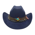Cappello da cowboy blu scuro con fascia bohémien turchese e dettagli in nappe grigie - Taglia unica / Blu navy