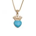 Collier couronne et cœur doré avec pierre bleu clair et cristaux sur chaîne maille - Coeur Bleu Clair d'Or