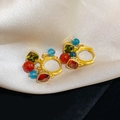 Detailed view of bohemian zircon earrings with colorful beads on white silk background - Colorful Gemstone Beaded Vintage Luxury Ear Clips (26# Ear Clip-Gold-Blue)