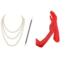 Close-up of pearl necklace, black cigarette holder, and long red satin gloves set - Retro 3Pcs Set (Necklace+Gloves+Holder)