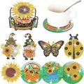 DIY diamond painting coasters set with sunflower and butterfly motifs on a black metal rack - Sunflower Butterfly Gnome Style (42) / 8 Pieces/Pack (With Metal Holder)