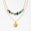 Collier double rang doré avec pierres naturelles multicolores et pendentif soleil vintage - Collier Doré (D1410)