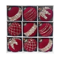 Nine red velvet Christmas balls with gold sequins in a white gift box set - 8cm / 9 Pieces Set / Burgundy