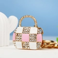 Pink and white checkered mini bag keychain with crystals and gold beaded handle - Pink and White Plaid Handbag Keychain