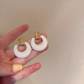 Elegant white marble resin hoop earrings with golden metal clasps for women - 8 Steel Needles - White