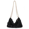 Elegant black satin evening bag featuring 3D rose petal appliques and gold chain strap - Black