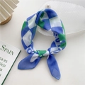 Blue and green plaid cotton linen square neck scarf displayed on a white table - Blue Check Green Leaf