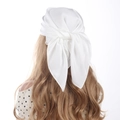 Close-up of white satin square scarf tied as a headscarf showing smooth silk texture - 70cm x 70cm / White