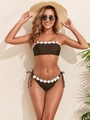 Bikini bandeau verde oliva con aplicaciones de flores blancas y braguita con lazos laterales - S / Marrón Oscuro