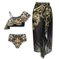 Three-piece black and gold baroque print swimsuit with ruffled top and beach sarong - Ruffle Bikini Wrap Skirt Set