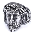 Vintage silver stainless steel ring featuring a detailed Jesus portrait with thorn crown - US 7 / Silver