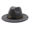 Close-up of dark grey wool fedora with brown leather band and ornate floral metal studs - Dark Gray