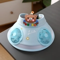 Sky blue kids visor hat with built-in USB fans and cute 3D cartoon bear decoration - Ice Silk Animal Double Fan Style / Ice Silk Animal Double Fan-Blue Bear
