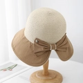 Cappello di paglia bicolore beige e marrone con grande fiocco decorativo sul lato - Circonferenza Testa 55-57CM Regolabile / Caffè (8400# Paglia Divisa Secchiello)