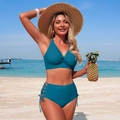 Two-piece peacock blue bikini set with high-waisted bottoms and lace-up side details - S / Teal Blue