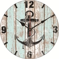 Silent vintage nautical wall clock with anchor motif on ocean blue wood panels - Retro Blue Beige Anchor