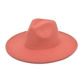 Macro detail of coral pink wide brim wool fedora hat with classic indented crown design - M (56-58cm) / Watermelon red