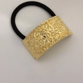 Minimalist elastic hair tie with textured hammered gold metal piece and black band - Gold Curved Hammered Clip