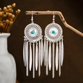 Ethnic silver-finish tassel earrings with turquoise stone hanging on a branch - Artificial Turquoise Sunflower Long Tassel Style (E2871-20)