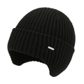 Winter black knit earflap hat with ribbed texture and metallic logo for windproof warmth - Black