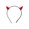Detail of a Halloween devil horn headband featuring red glossy horns on a black band - Small Ox Horns