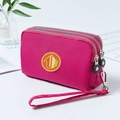 Magenta washed denim-style nylon pouch with triple zippers and a matching wrist strap - Medium / Rose Red (Yellow Label)