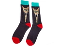 Detailed view of grey novelty socks with colorful accents and a cat in a business suit - 7-Dark Grey Suit & Glasses Cat
