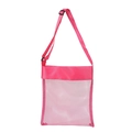 Detail of pink mesh beach bag featuring adjustable shoulder strap and reinforced top edge - With Buckle / Rose Red