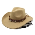 Khaki western cowboy wool felt hat with ethnic patterned band and silver coin charms - M (56-58cm) / Camel