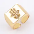 Gold Hamsa Hand ring with square white face and sparkling zircon pave setting - White - Hamsa Hand