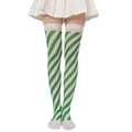 Detail of green and white diagonal striped over-knee socks with elastic knit texture - Green White Striped