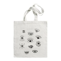 White canvas tote bag featuring creative black Evil Eye line art and double straps - Various Eyes C