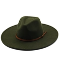 Detail of dark green wide-brim fedora hat with brown faux leather belt and metal buckle - Army Green
