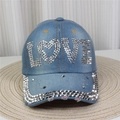 Detailed close-up of rhinestones and LOVE lettering on denim baseball cap crown - No.3-LOVE Letter-Blue