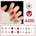 Schattige cartoon vogel en bloem korte ronde nepnagels set in rood en wit patroon - Rood Wit Beige Cartoon Ogen Stijl (A490) / 24 Stuks/Set