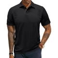 Detailed view of black short-sleeved polo shirt with textured chevron knit and buttons - S / Tops / Black