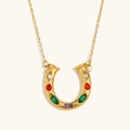Golden horseshoe necklace featuring multi-color gemstones and a polished finish chain - Multi-Color Zircon U-Shape Pendant Necklace - Gold