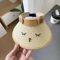Straw open-top sun hat for kids featuring a brown cartoon bear design and adjustable strap - Straw Woven Style / 眯眯眼 Straw Hat-Beige