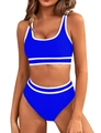 Dettaglio di un bikini sportivo blu reale con bordo bianco e slip a vita alta - S / Blu Reale