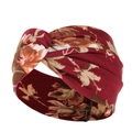 Detail of burgundy floral yoga headband with twisted knot design and elastic cotton fabric - Bohemian Burgundy Ditsy Floral (10)