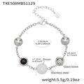 Silver stainless steel bracelet with black glass stone and zircon disc charm - Steel - Black Zirconia Bracelet (TXE508)