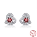 S925 sterling silver heart stud earrings with red gemstones and sparkling micro-inlays - Red Heart Hollow Stud - Silver