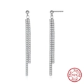 925 sterling silver drop earrings featuring double row tassel with white zircon crystals - Silver Double Tassel Hoop SE398-P / Silver